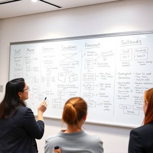 Immagine di una lavagna con diagrammi e appunti durante una sessione di brainstorming