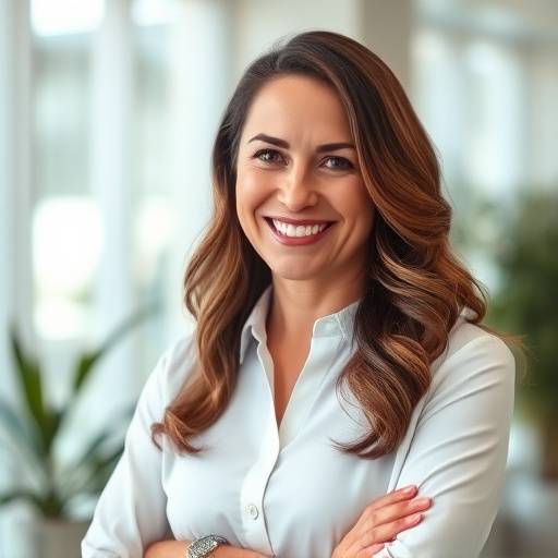 Ritratto di Sofia Rossi, fondatrice e CEO di Innovazione & Crescita, sorridente e professionale