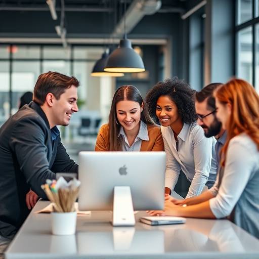 Un team di persone che collaborano attivamente a un progetto in un ufficio moderno