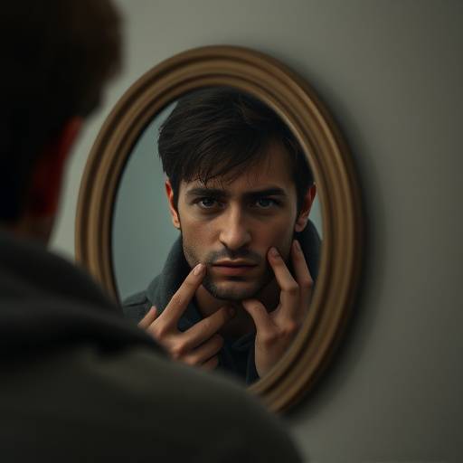 Una persona che riflette sulla propria immagine riflessa in uno specchio, con un'espressione di dubbio