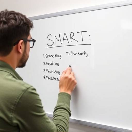 Una persona che scrive obiettivi SMART su una lavagna durante una sessione di pianificazione
